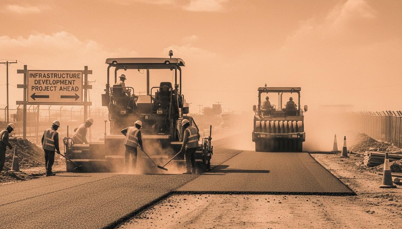Paving crew and roller laying a new asphalt road