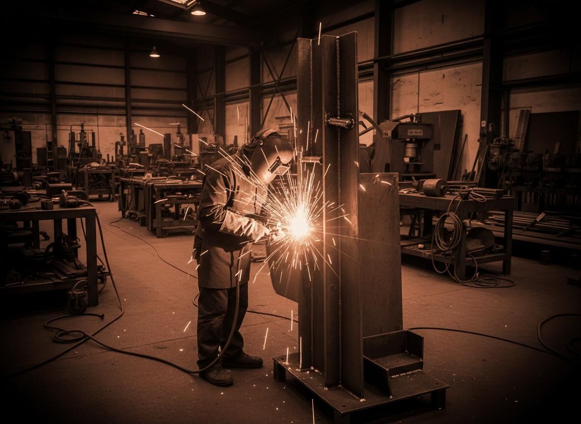 Welder fabricating a steel column in a workshop